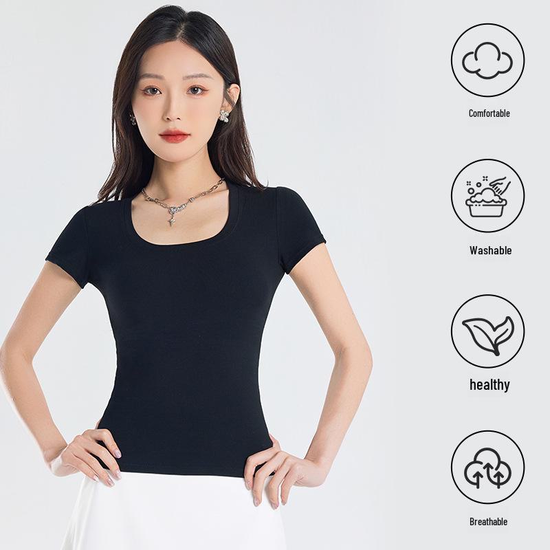 2025 Summer Slim Fit Women's Square Neck T-Shirt - Solid Color, Short Sleeves, Exposed Clavicle, Cotton Blend