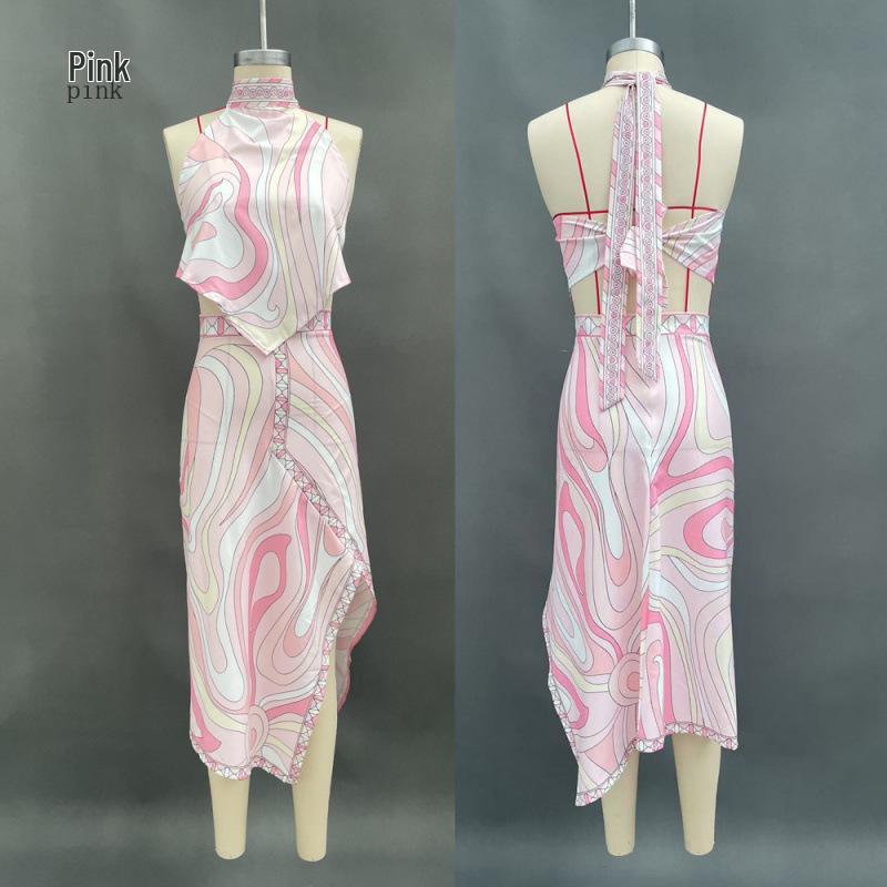 2026 Summer Satin Print Tie-Up Two-Piece Skirt and Top Set for Women.
