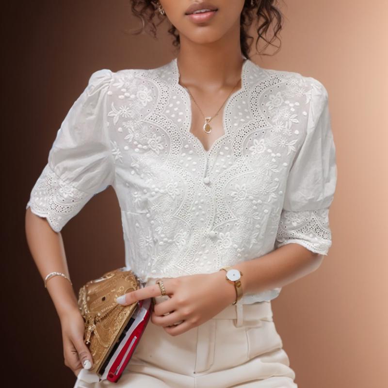 Ricamo Estivo Manica a Sbuffo Lino Cotone Blusa da Donna Primavera Casual Bianco Top Traforati Camicia Manica Corta