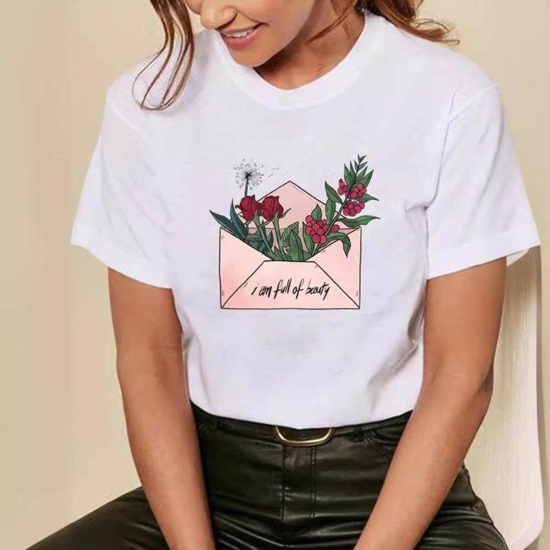 Sommer Rundhals Rose Liebe Festival Bedrucktes Top Modische Lässige Kurzarm Damen Reines Baumwoll T-Shirts