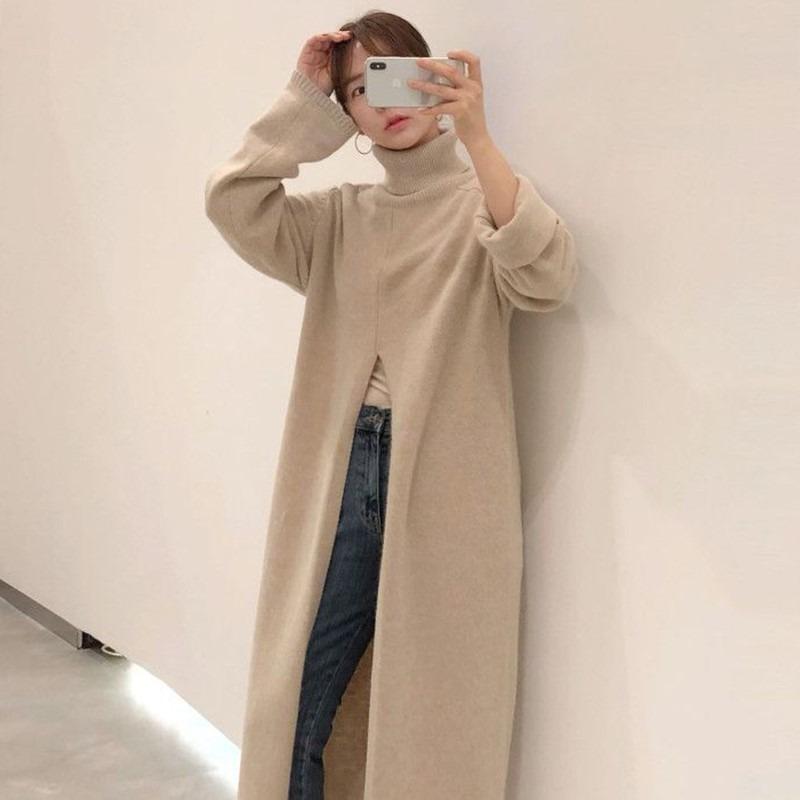 Neu im Herbst Winter Damen Strickpullover Lange Kleider Hochgeschlossenes, geteiltes, lockeres Pulloverkleid Lässiger Temperamentpullover mit Kleidung der unteren Schicht
