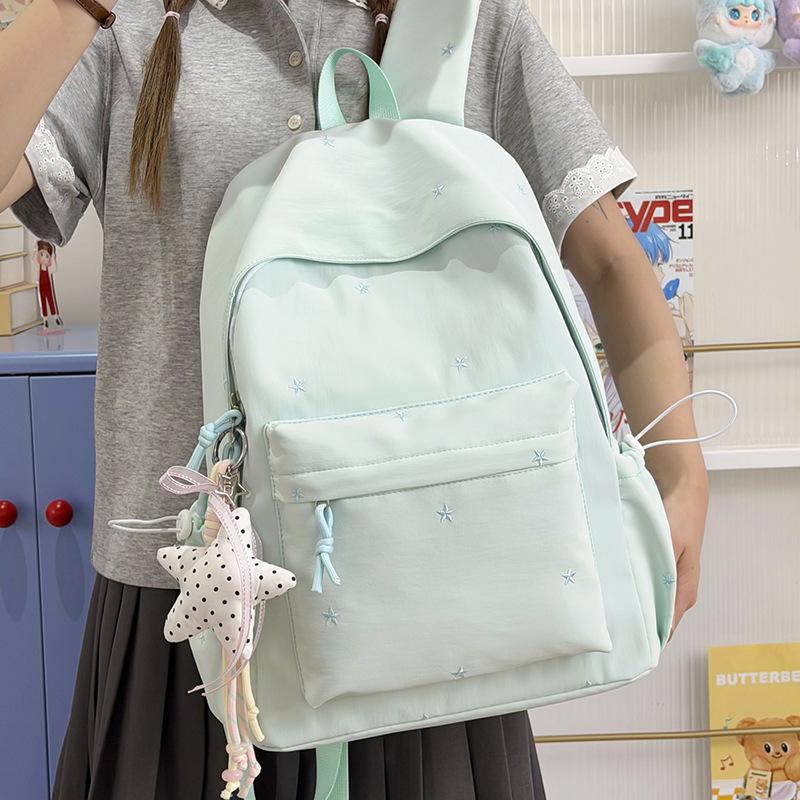 Schoolbag Milk Cream White and Blue Embroidery Star High-value Backpack Primary School School Bag Women's Daily Shopping Light and Sweet Backpack