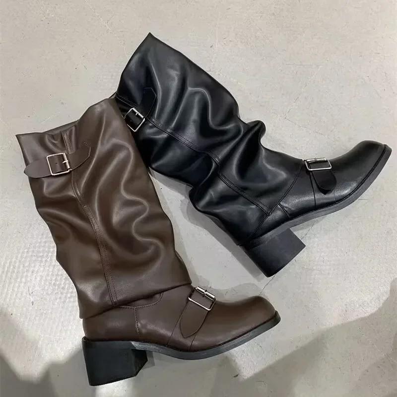 Fashion Luxury Woman Boots Trend Punk Gothic Shoes New Rock Leather Fashion Women Shoes Knee High Platform Chunky Heels Motorcycle Boots