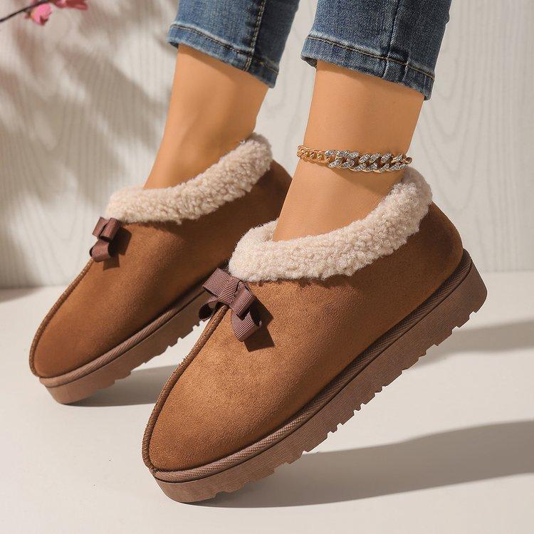 Autumn Winter Women's Footwear Plush Snow Boots Bow-tie Suede Warm Slip On Round Toe Boots Non-slip Thick Bottom Women Shoes