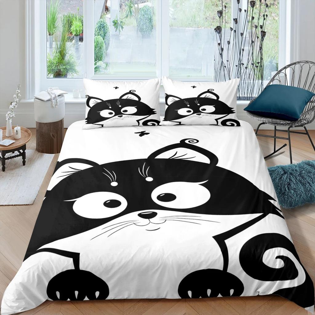 Kids Cat Duvet Cover Queen Size,Cartoon Kitten Sleeping on Crescent Moon Stars Night Dreams Polyester Comforter Cover for Kids
