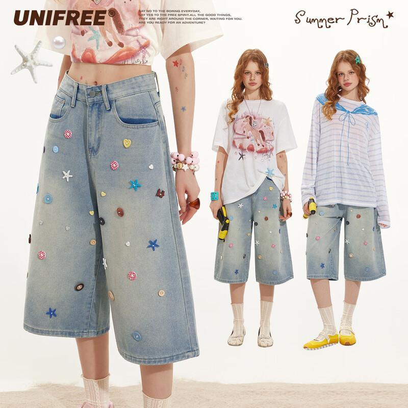 UNIFREE Retro Distressed Denim Shorts with Colored Buttons M