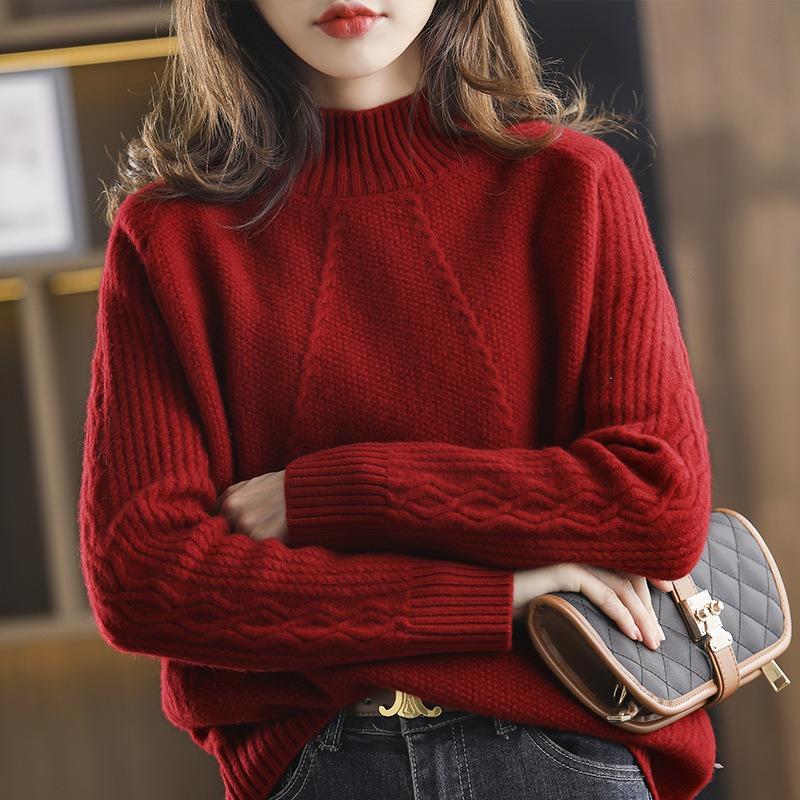Lazy wind semi-turtleneck thickened sweater bottoming shirt women's autumn and winter temperament loose and versatile long-sleeved knitted sweater
