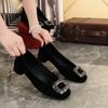 Shallow Single Shoes Autumn Square Head Shallow Mouth Soft Sole New Rhinestone French Black Temperament Shoes