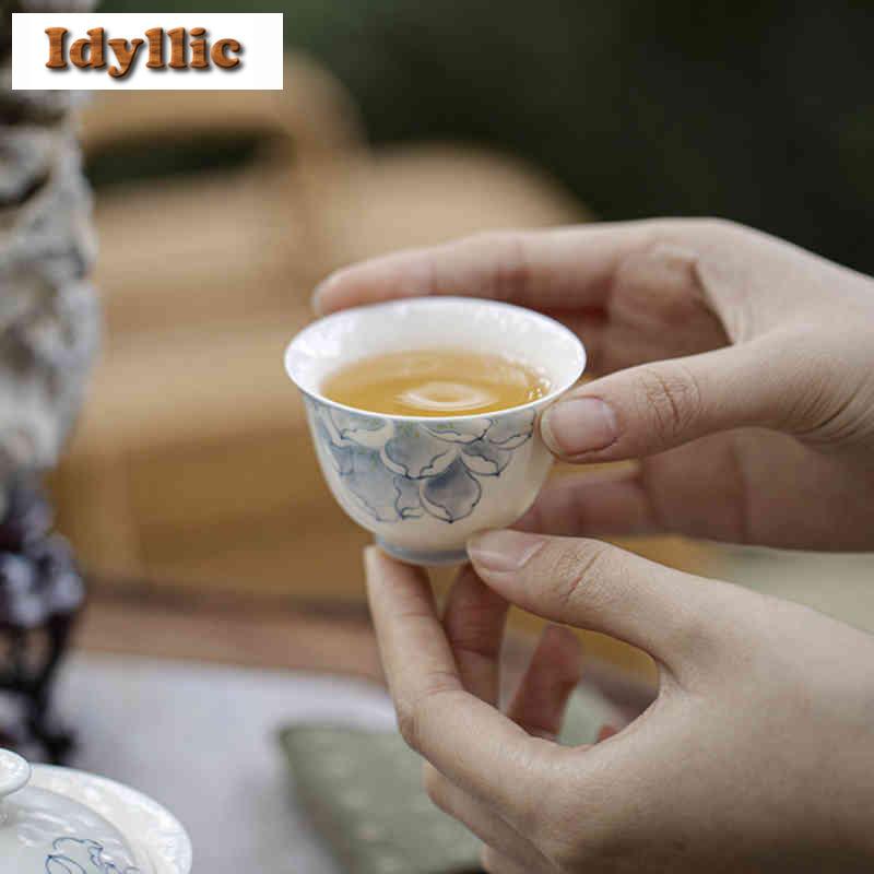 2pc/lot Hand-painted Blue And White Lotus Teacup Japanese Tea Bowl Mug Tea-tasting Personal Cup Chazhan Master Cups Teaware 50ml