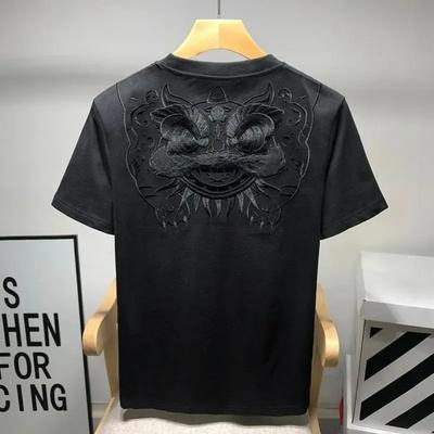 Summer Trendy Fashion Chinese Style Awakening Lion Embroidery Short Sleeved T-shirt Men Solid Round Neck Unique Design Loose Top
