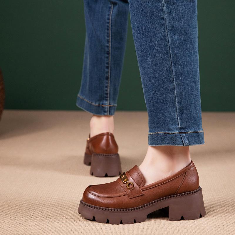 The First Layer of Cowhide Loafers Women's Autumn New Leather One-pedal Temperament Foam Platform Single Shoes Women's Muffin Women's Shoes