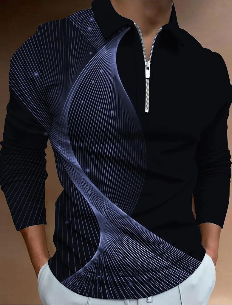 Light Blue Long Sleeve Polo Shirt Men's Casual Button-Up Shirt with Zipper Collar & Chest Pocket Regular Fit Spring/Fall Apparel