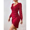 Women Sexy Slim Fit Lace Mesh Long Sleeve V Neck Bodycon Midi Dress