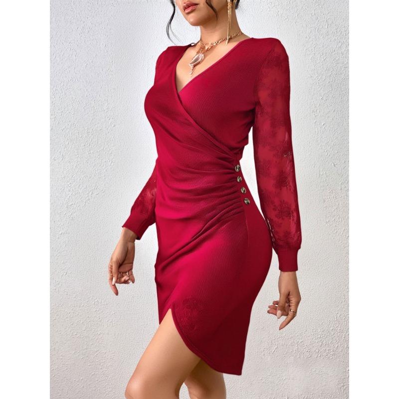 Women Sexy Slim Fit Lace Mesh Long Sleeve V Neck Bodycon Midi Dress