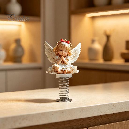 Small Angel Statues Girl Car Spring Ornament, 2D Double Sided Acrylic Dashboard Bouncing Cute Ornament Decor with Adhesive Base, Praying Figurine for