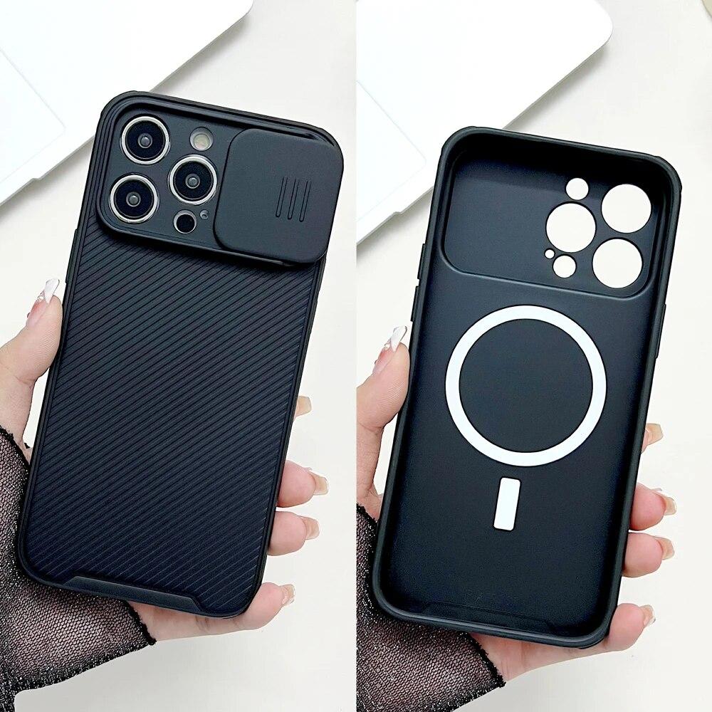 Slide Camera Cap Cover Case For iPhone 15 14 13 12 Pro Max 15Pro 14Pro For Magsafe Magnetic Charge Anti-Shock Shockproof Armor a