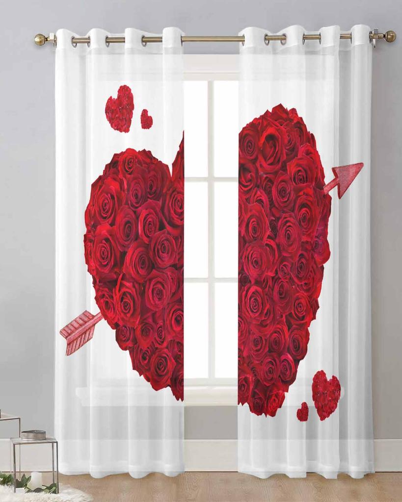 Valentine'S Day Red Flower Rose Heart White Sheer Curtains for Living Room Decor Window Curtains Kitchen Tulle Voile Curtains