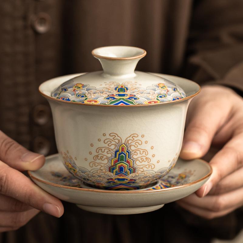 Bol cu capac Ru Kiln Sancai Bol de ceai ceramic chinezesc de înaltă calitate Set de ceai Kung Fu Bol cu capac Ceașcă Articole de ceai individuale de lux ușor