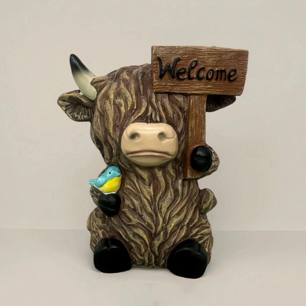 Cute Cow Statue Adorable Animal Sculpture Ornament Crafts Highland Yak Sign Figurine  Garden