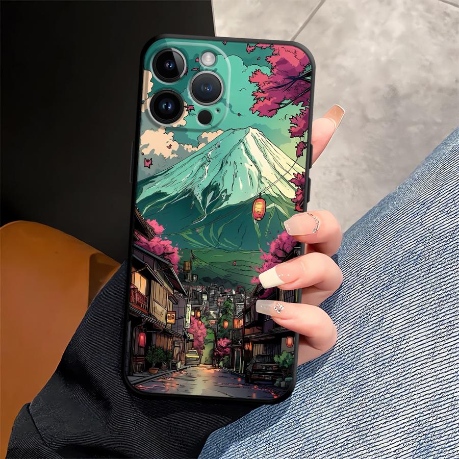 Black Soft Phone Cover Case for iPhone XS Max 15 16 14 Plus 13 12 11 17 Pro Max 17Air XR 7 8 Japanese Mount Fuji Scenic Area