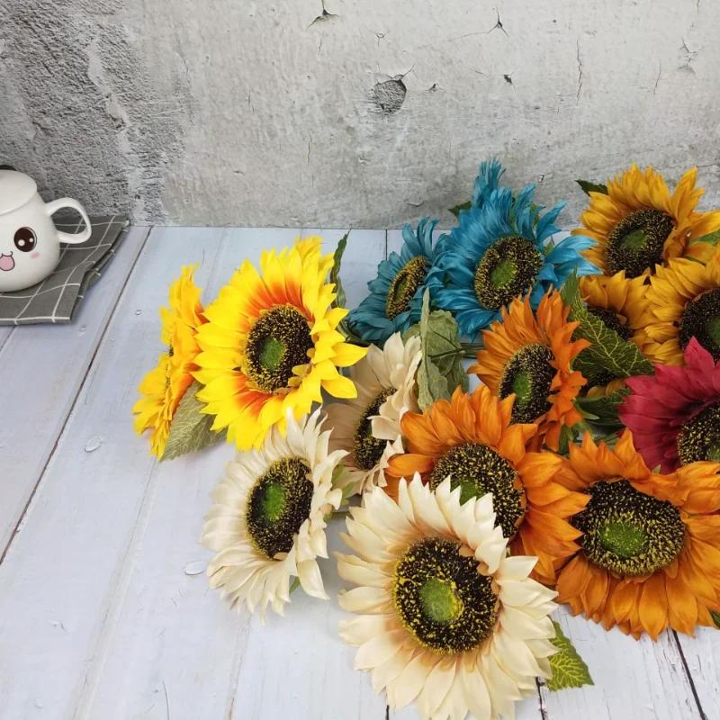 3 Heads/Bunch Decorative Wedding Decor DIY Craft Fake Flores Bouquet Artificial Flower Silk Sunflower Home Accessory 2024