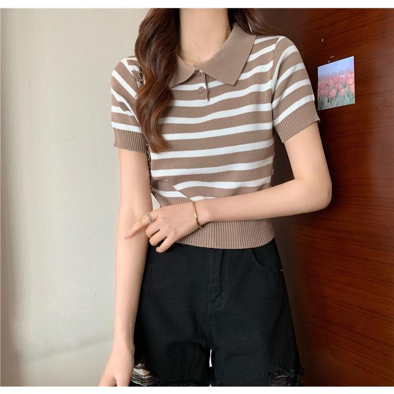 Çok Yönlü Kısa Üstler Kadın Retro Renk Bloklu Çizgili Beli Oturan Örgü Giyim Tide Günlük Yazlık Temel Konfor ve Stil Slim Fit Kazaklar Tişörtler
