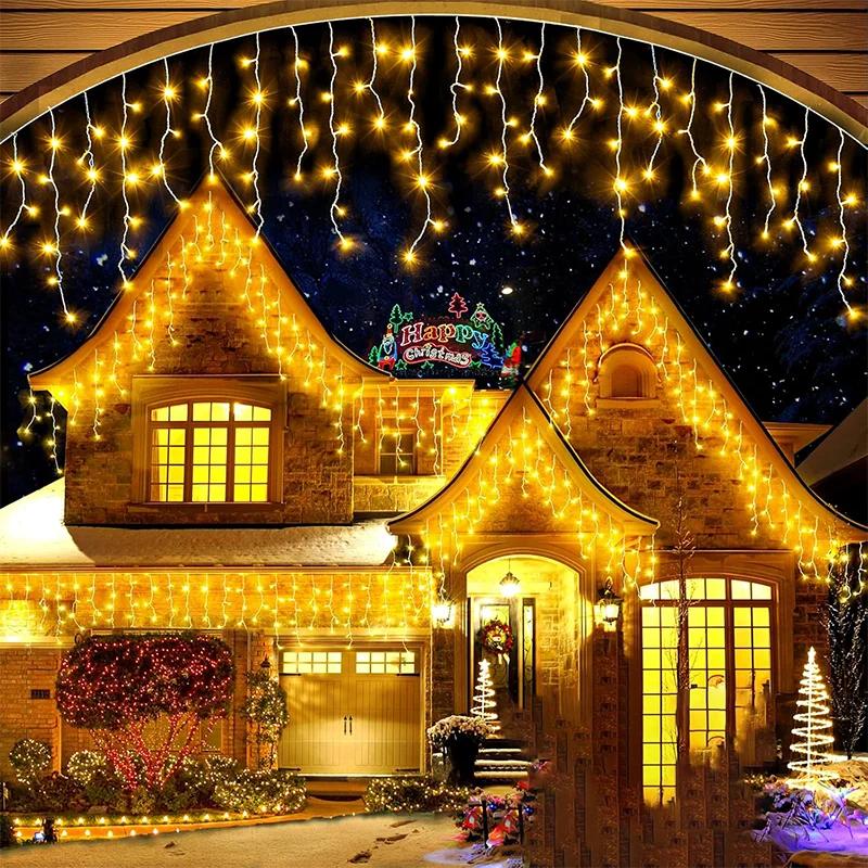 Solar Curtain Icicle Lights Outdoor Eaves Decoration Lights 8 Lighting Modes Wedding Christmas Party Garden Fairy Lights String