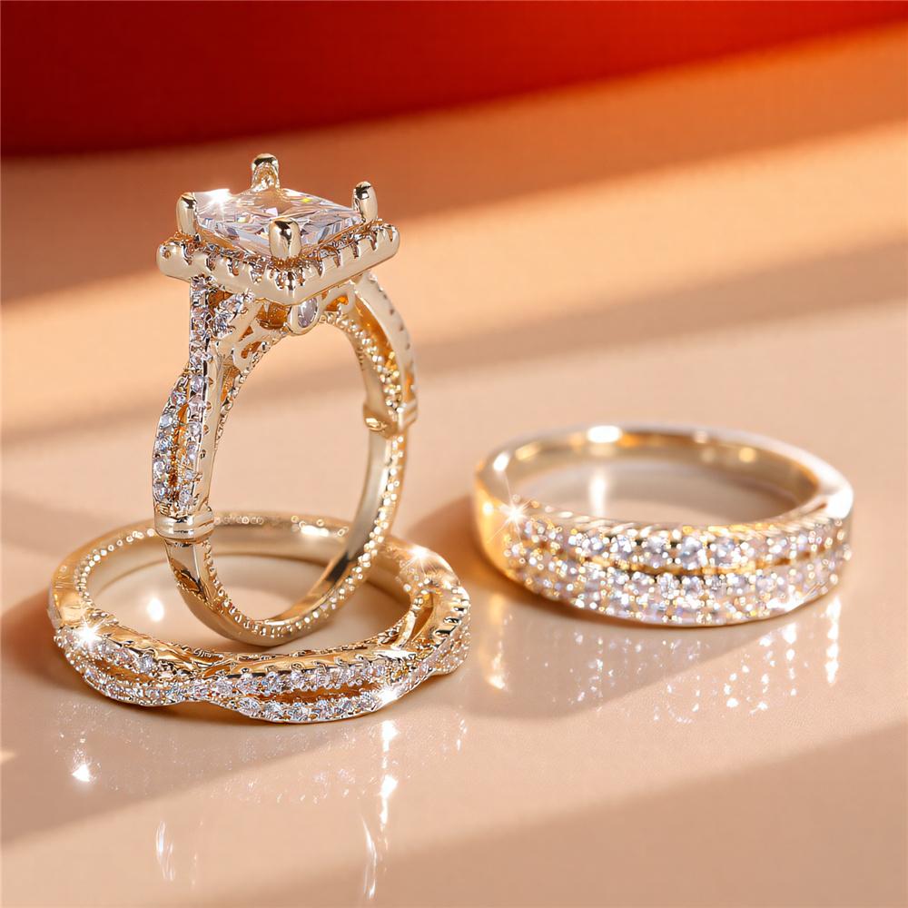 Crystal Female White Zircon Ring Set Fashion Vintage Gold Color Bridal Wedding Engagement  For Women