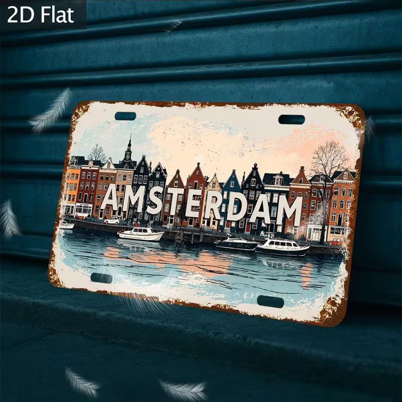 Casas de Canal de Ámsterdam Países Bajos Retro Rústico D Plana Lata de Aluminio Señal para Souvenir de Viaje Holandés Coche Decoración de Pared Garaje