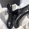 ~ Thick-soled thick-heeled lace-up elastic boots round head temperament leather rear zipper short thin Martin boots