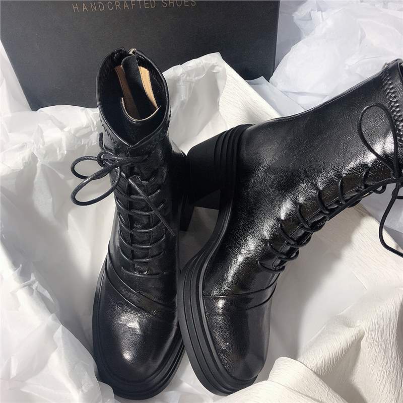 ~ Thick-soled thick-heeled lace-up elastic boots round head temperament leather rear zipper short thin Martin boots