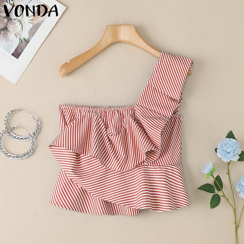 

VONDA Women Summer One Shoulder Sleeveless Striped Print Layers Casual Tank Tops 5XL красный