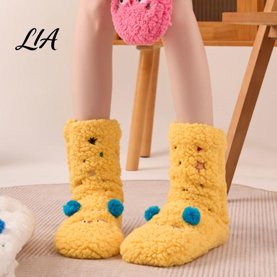 Cozy Cartoon Pattern Socks Thickened Floor for Women, Non-Slip Mid-Calf Socks, Thermal Winter Comfortable Elastic Ribbed Slippers Soft Fuzzy