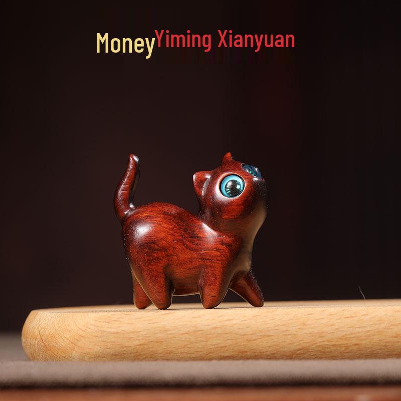 Green Sandalwood Curious Cat Figurine - Cute Creative Wooden Animal Stationery Gift