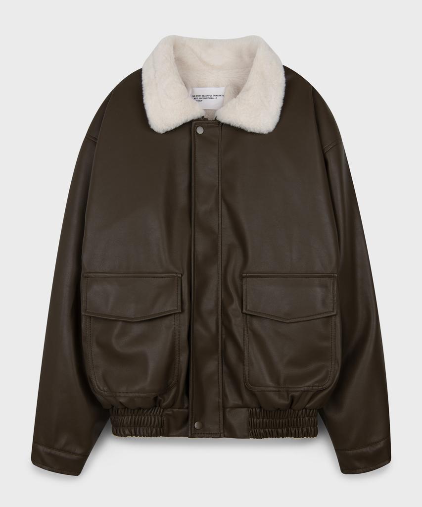 Place Studio Vegan Leather Fur Oversized Shearling Jacket Jumper [Brown]