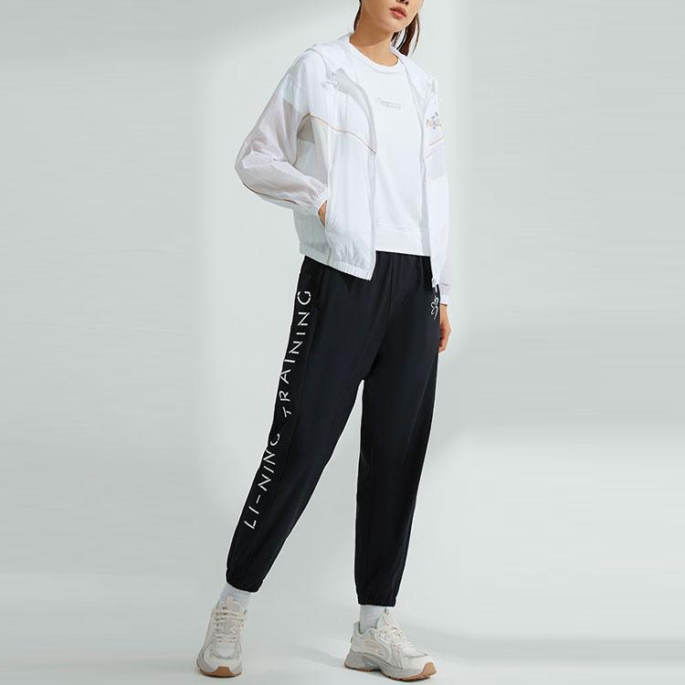 Li Ning Solid Color Elastic Letter Print Sports Long Pants Women Bottoms Black AYKR994-1