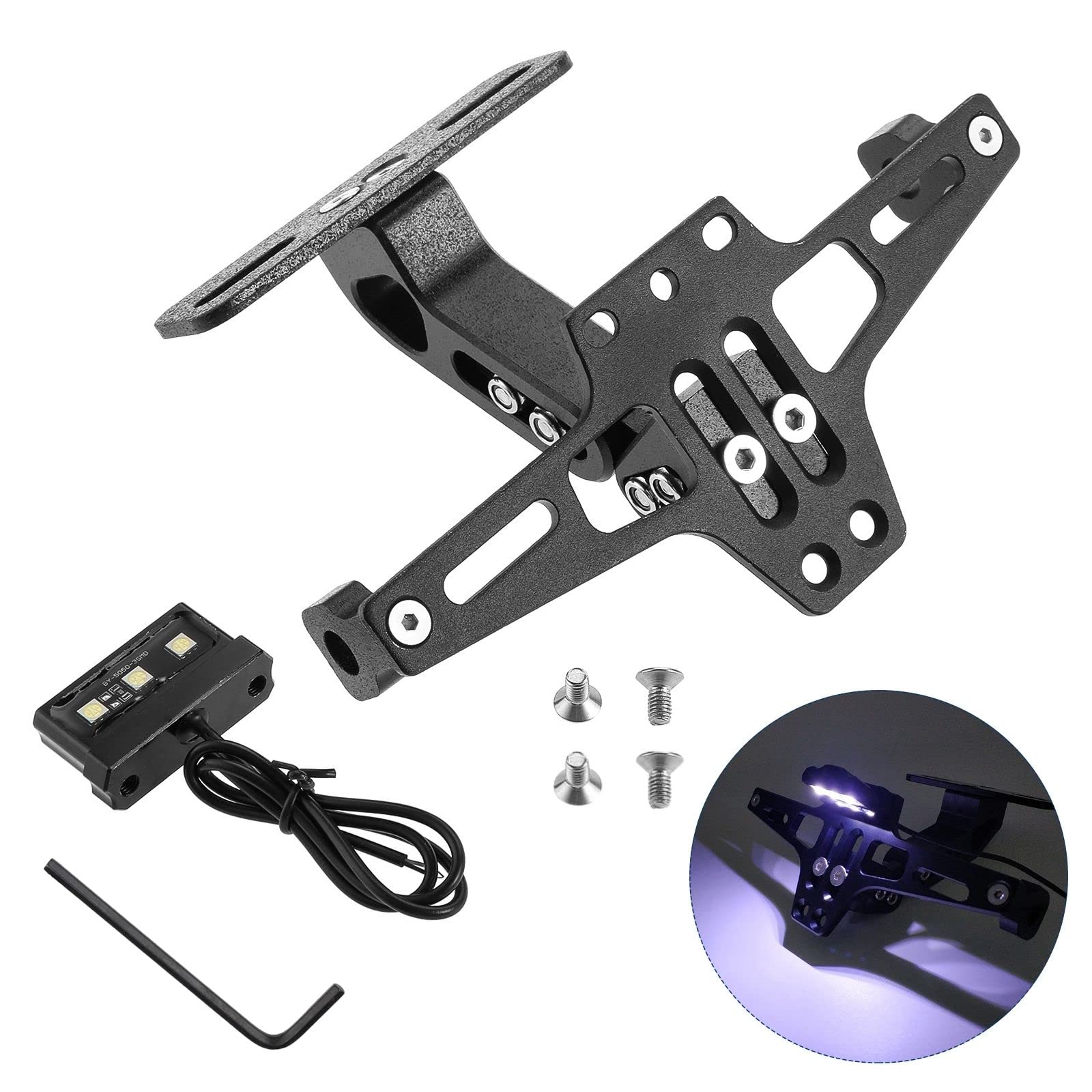 

License Plate Stay, License Plate Holder for Motorcycle, Fender Eliminator Bracket with LED Light, Angle Adjustable, Universal Type, Black чёрный