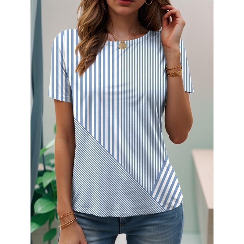 Women's Casual T-shirt 3D Printed Striped Print Round Neck Retro Elegant Long Sleeves Women's Fashion Pullover Long Sleeve Tops