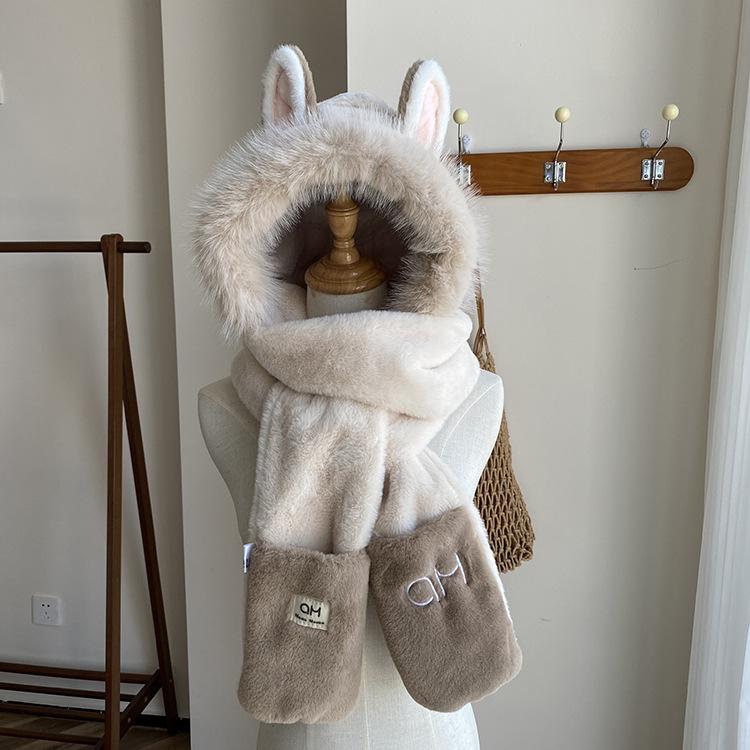 New winter fire fox ears warm plush ski scarf gloves integrated hat women's thickened three-piece set