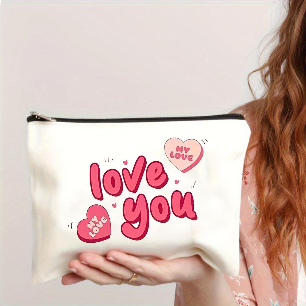 Einfache Ich liebe dich Musterdruck Make-up Tasche, Tragbarer Kosmetik-Aufbewahrungsbeutel, Toilettenartikel-Waschorganizer für Frauen Mädchen Geschenk