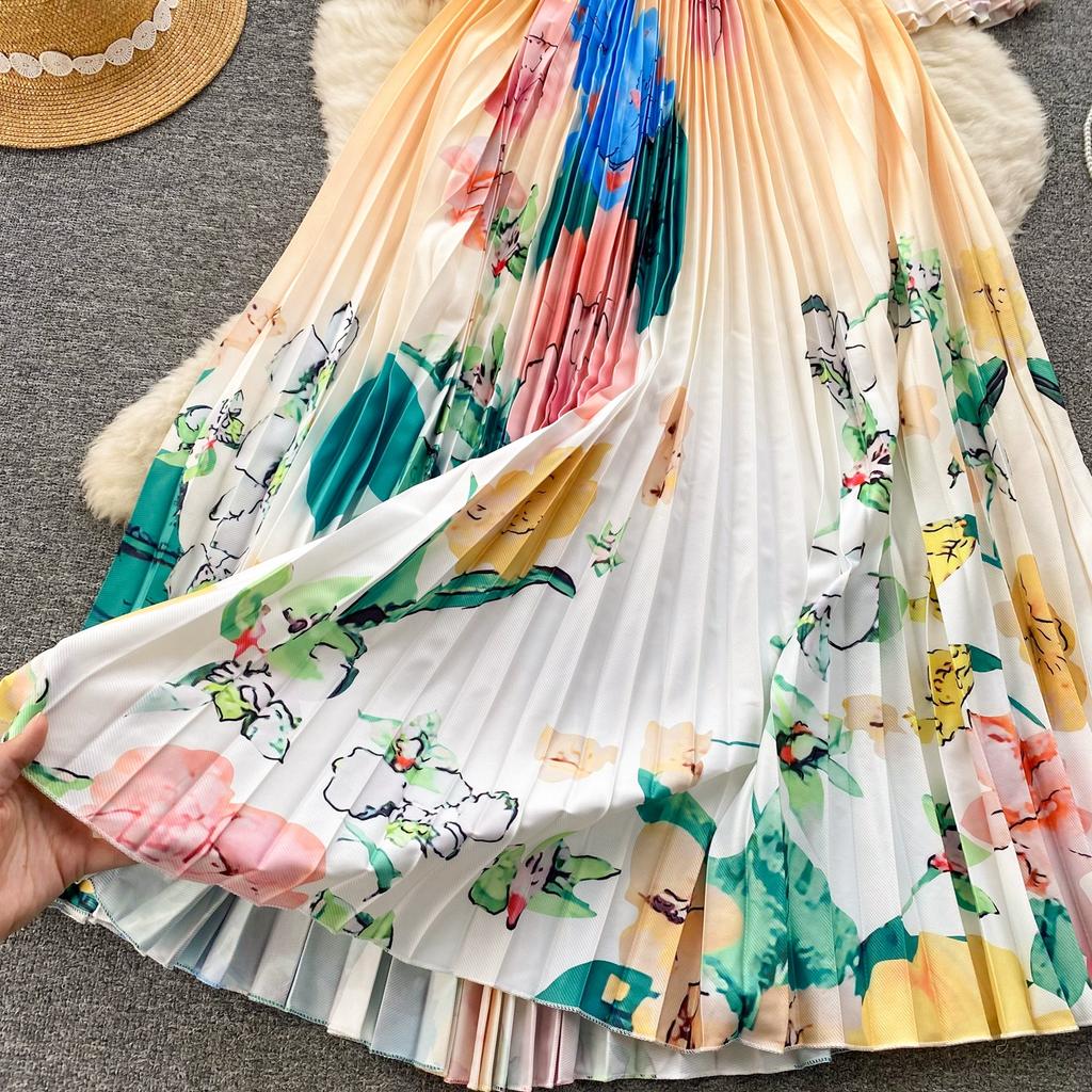 Spring Autumn Women Print Loose Pleated Dress Half Sleeve Oversized Long Maxi Robe
