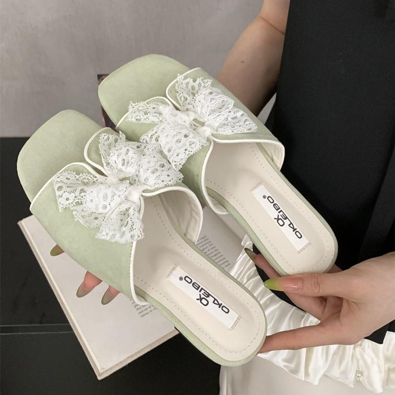 Fashion Vintage Lace Bow Decoration Brand Flat Slippers Women Fashion Square Toe Polka Dot Soft-soled Shoes Summer Comfort Beach Sandals
