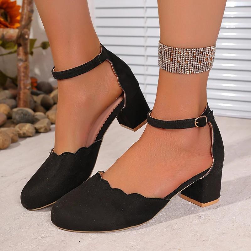 Fashion Elegant Flock Cover Heel Sandals Women Summer New Thick Sole Med Heel Sandal Female Fashion Party Anckle Strap Sandalias Mujer