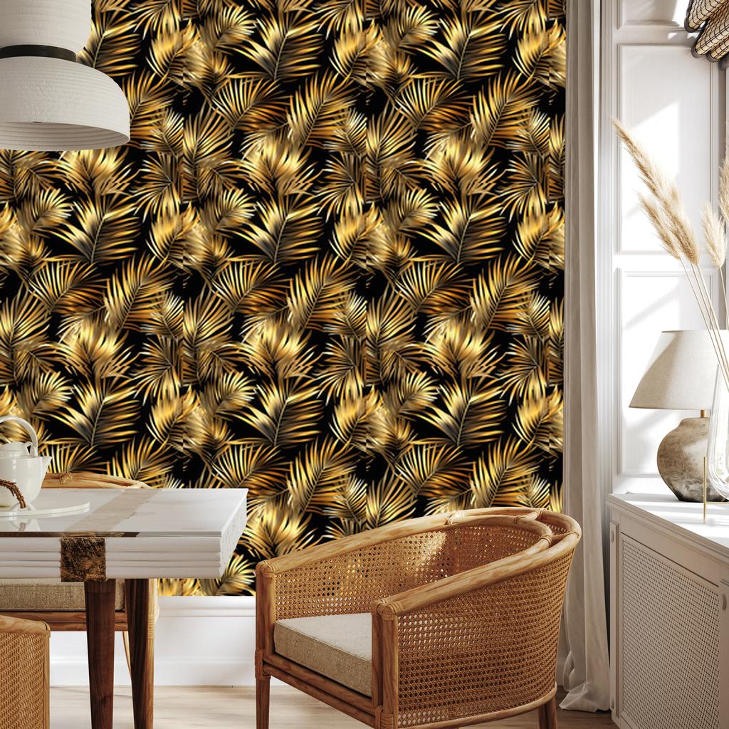 Flowers and Leaves Wallpaper Ochre and Gold for Living Room and Bedroom 50x1000