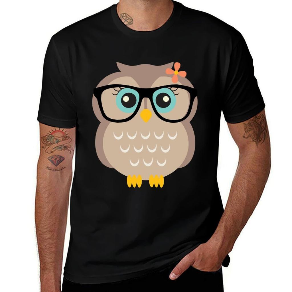 Cute Hipster Girl Owl TShirt Lightweight Basic Short Sleeve Shirt