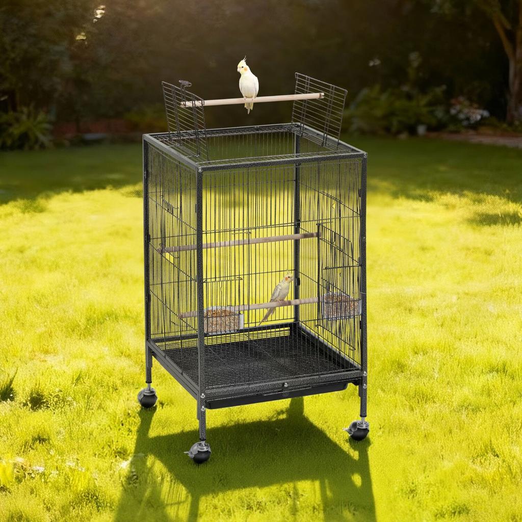 Bird Cage, 460 x 460 x 770 mm, Open Flat Top, Wrought Iron Bird Flight Cage with Perches, Slide-Out Tray and Plastic Feeders, Casters, for Parrot,