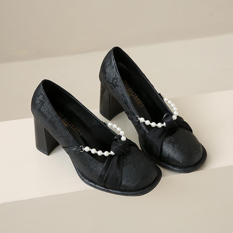 Fashion Bead Bow Lace Women High Heels Mary Janes Shoes Designer Fashion Shallow Sandals 2025 New Autumn Pumps Party Zapatillas De Mujer