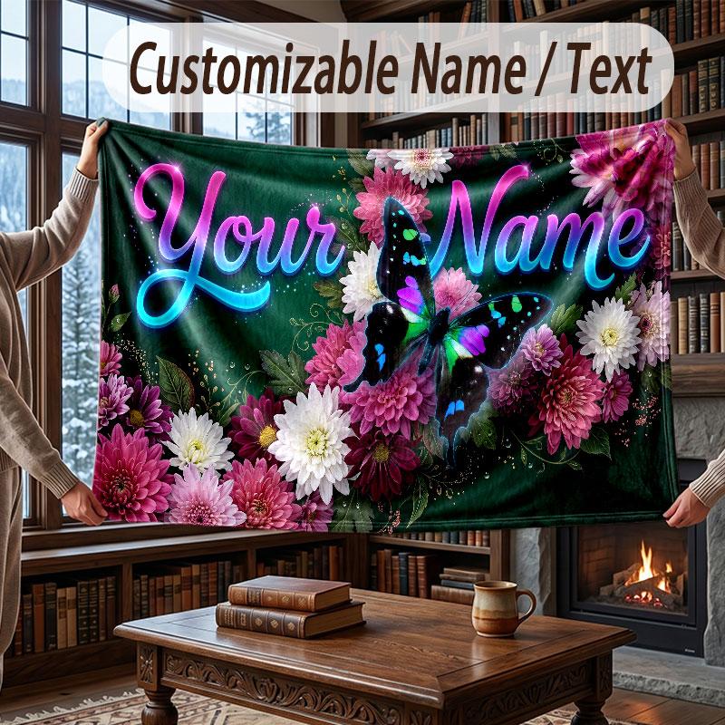 Butterfly Theme Throw Blanket Custom Name Text Personalized Blanket Soft Cozy Blanket for Home Sofa Bed