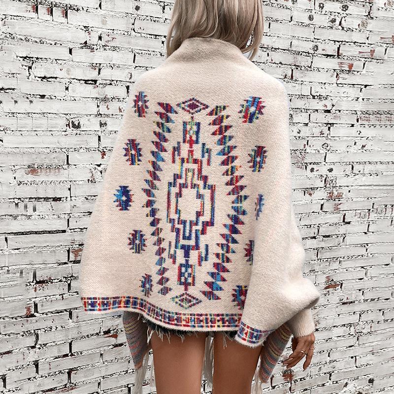 Women's Autumn and Winter Large Size Pop Jacquard Geometric Knitted Cardigan Loose Bat Sleeve Cloak Sweater Tassel Shawl