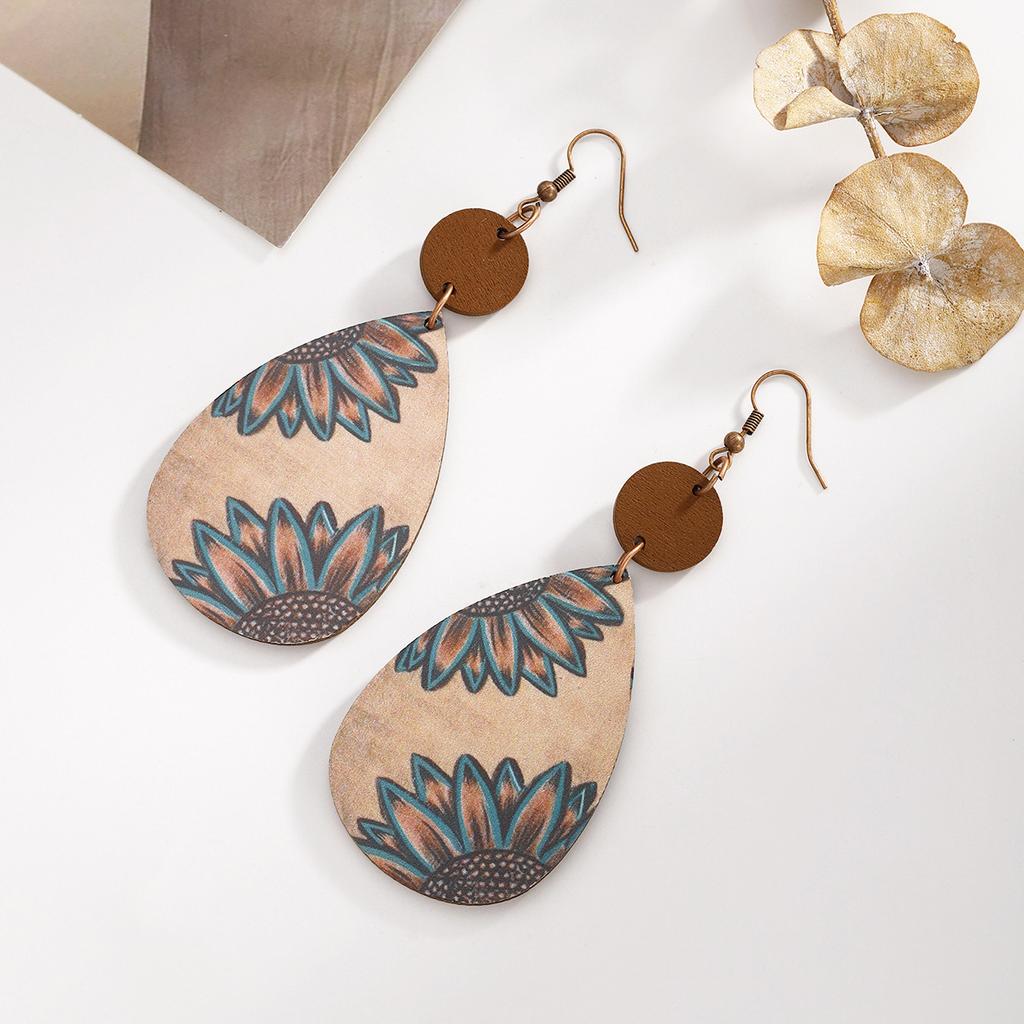 Personalisierte geschnitzte Sonnenblumen-Retro-Holzchip-Wassertropfen-Ohrringe, kreative Spleiß-Ohrringe, Ohrringe
